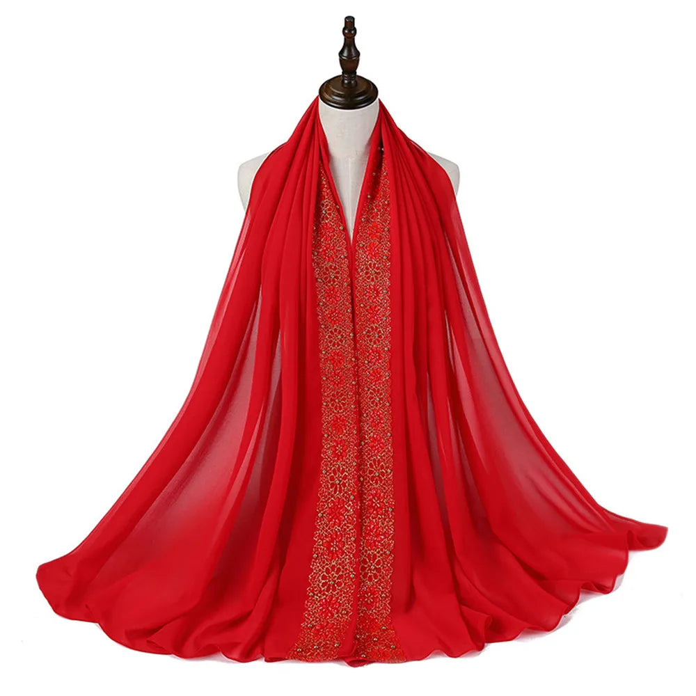 Women's Beaded Lace Chiffon Hijab Scarf – Elegant Islamic Headscarf