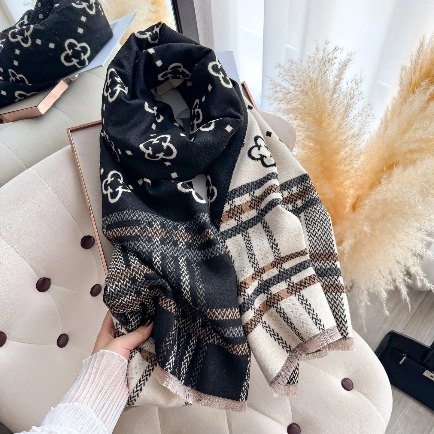 Plaid Blanket Scarf & Shawl – Thick Winter Wrap & Hijab for Women | Black & Pink