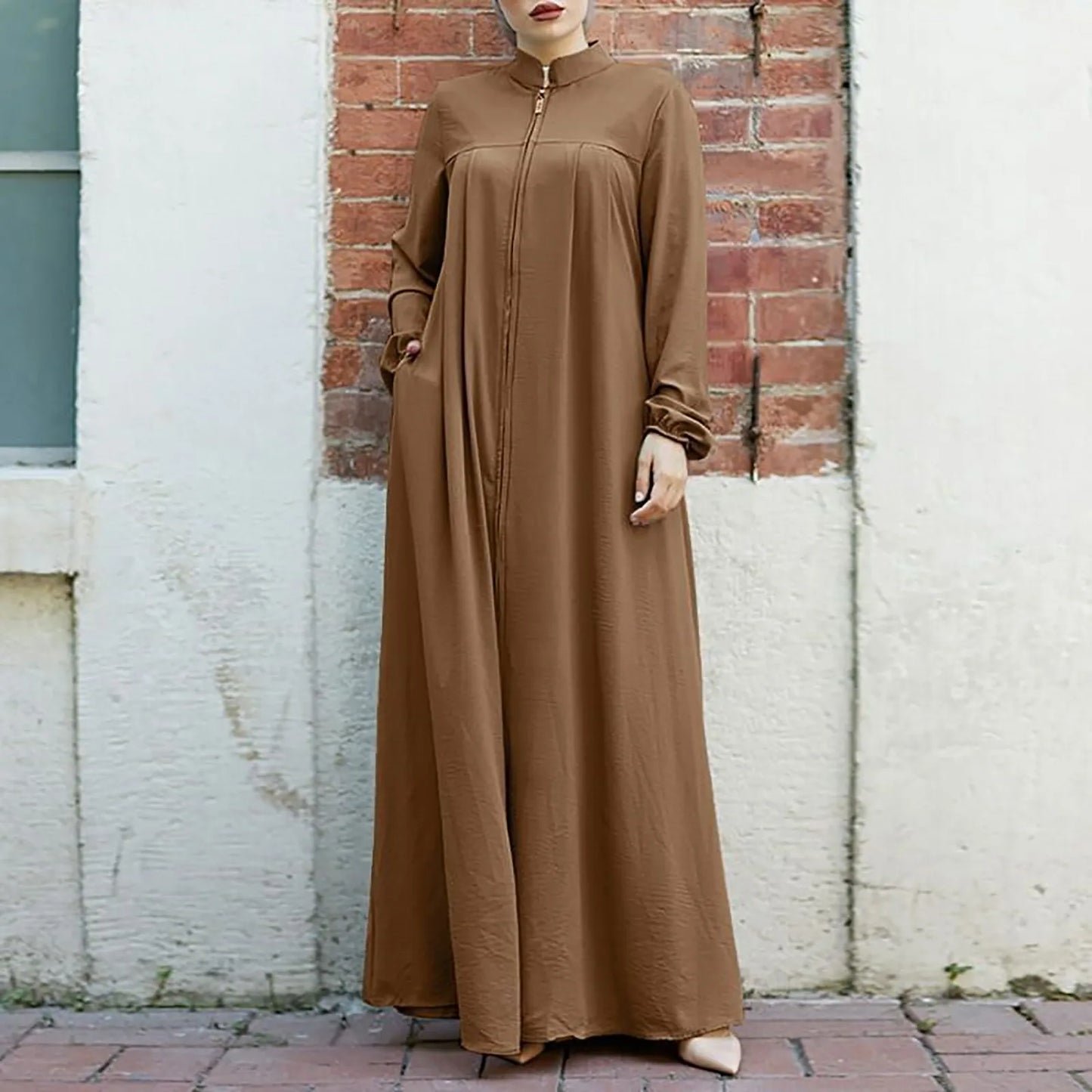 Women's Front Zip Stand-Collar Abaya with Pockets – Loose Fit, S–XXL