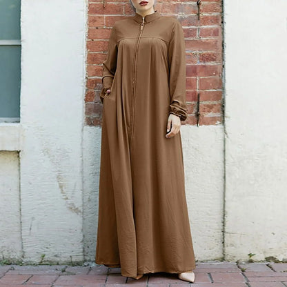 Women's Front Zip Stand-Collar Abaya with Pockets – Loose Fit, S–XXL