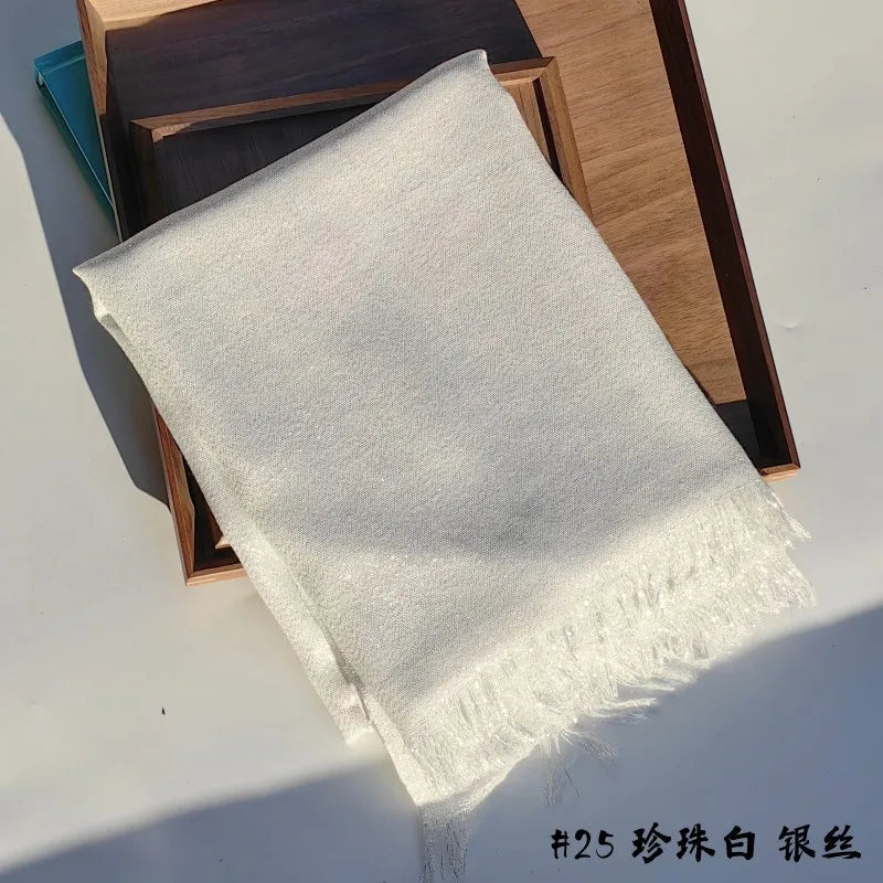 Shiny Fringe Hijab Shawl - 200x80cm Rayon Solid Color Women's Head Wrap