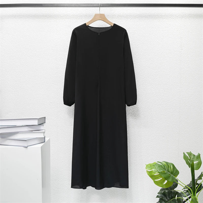 Women's Plain Chiffon Maxi Dress – Full Sleeve Loose Modest Dress in Black