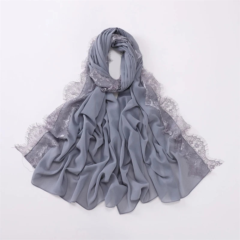 Plain Soft Hijab with Lace Trim – Lightweight Chiffon Muslim Headscarf & Shawl | 170×70cm | 12 Colors