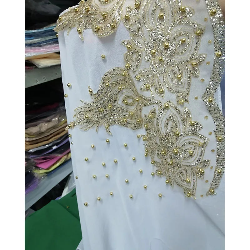 Women's Shimmer Chiffon Hijab Scarf – Gold Glitter & Bead Party Shawl