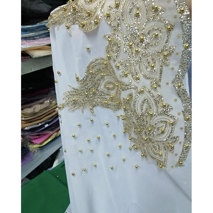 Women's Shimmer Chiffon Hijab Scarf – Gold Glitter & Bead Party Shawl