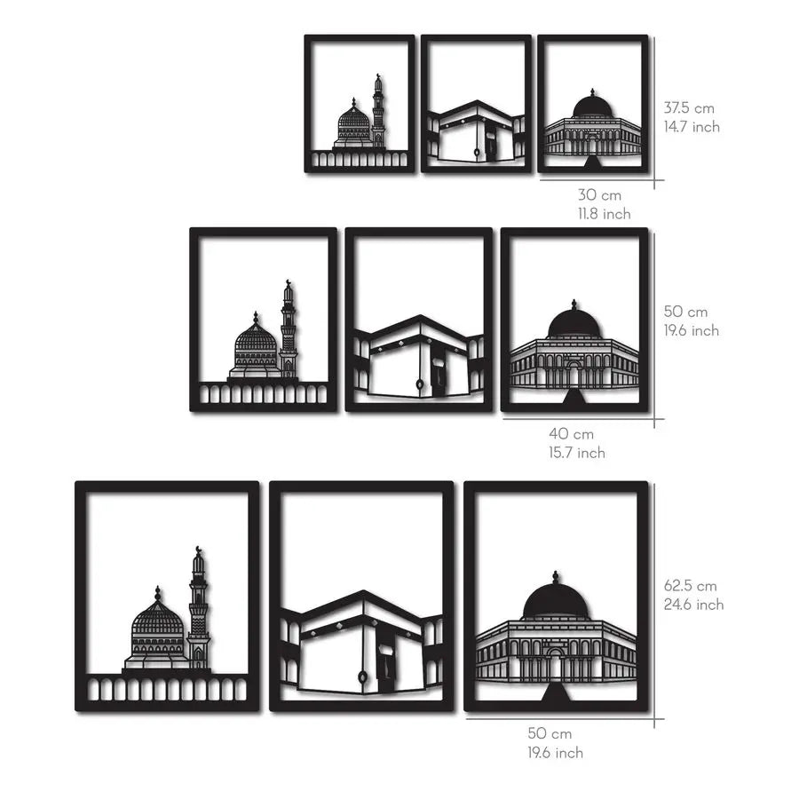 Three Blessed Mosques Wooden Islamic Wall Art | Masjid Al-Aqsa, Kaaba & Masjid An-Nabawi Decor