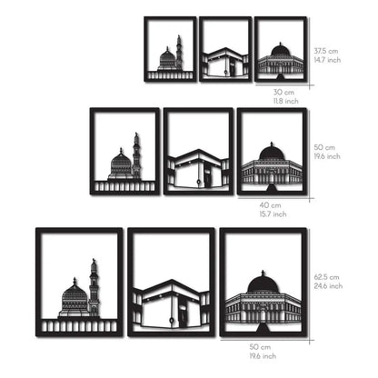 Three Blessed Mosques Wooden Islamic Wall Art | Masjid Al-Aqsa, Kaaba & Masjid An-Nabawi Decor
