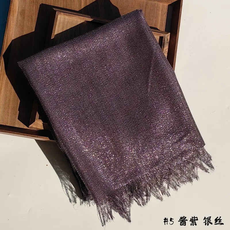 Shiny Fringe Hijab Shawl - 200x80cm Rayon Solid Color Women's Head Wrap