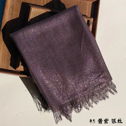 Shiny Fringe Hijab Shawl - 200x80cm Rayon Solid Color Women's Head Wrap