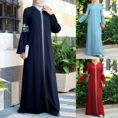 Floral Print Zipper Abaya - Long Sleeve Maxi Dress