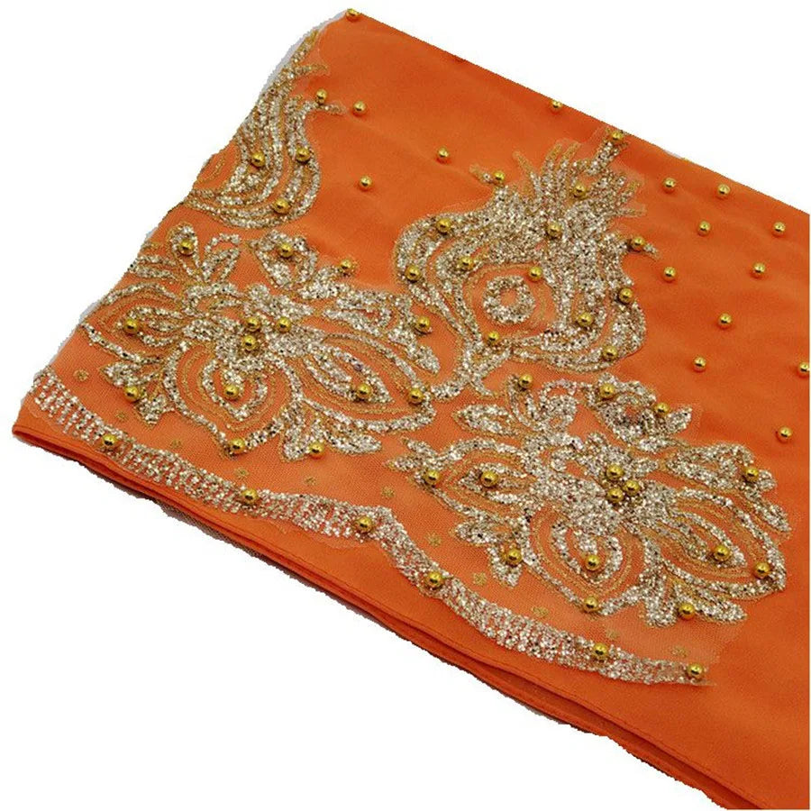 Women's Shimmer Chiffon Hijab Scarf – Gold Glitter & Bead Party Shawl