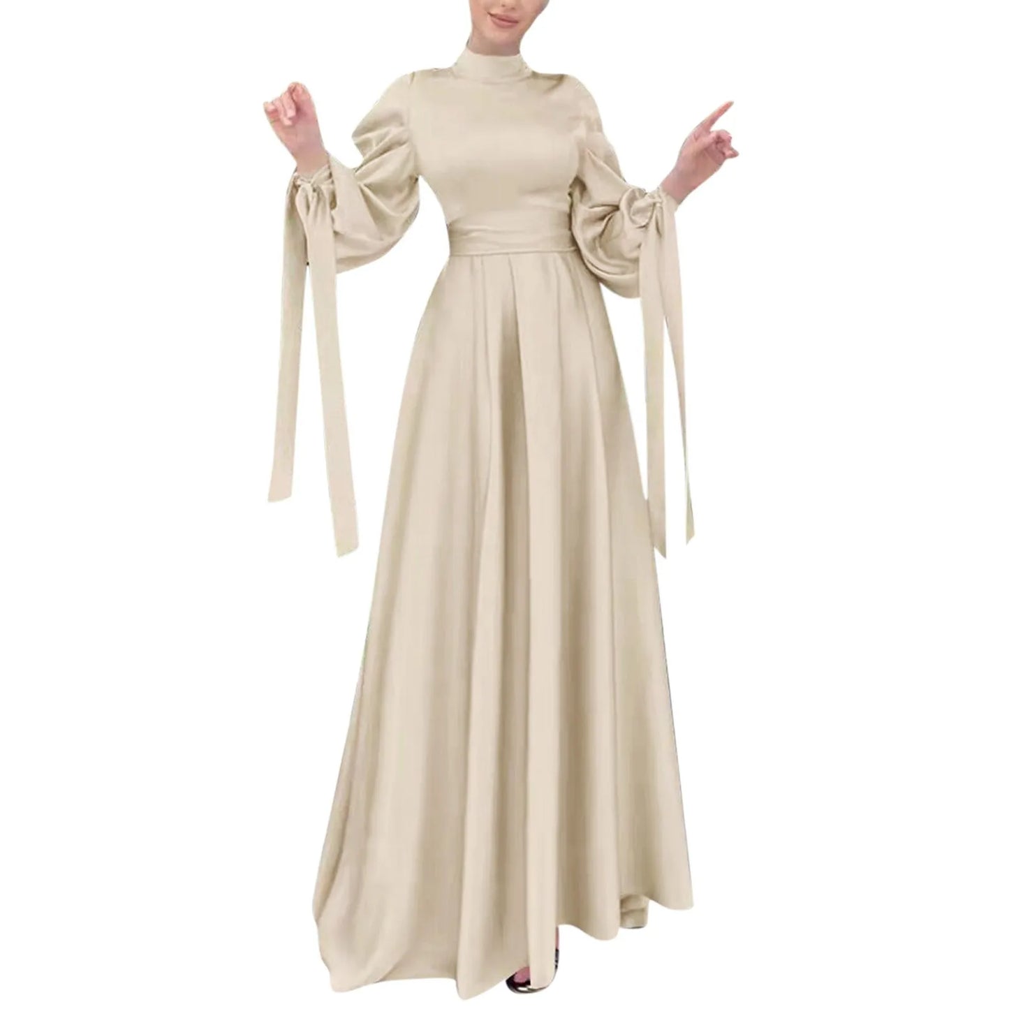Lantern Sleeve Abaya - Belted Broadcloth Maxi Dress