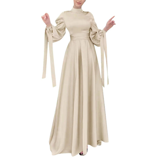 Lantern Sleeve Abaya - Belted Broadcloth Maxi Dress