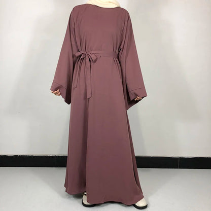 Plain Nida Abaya with Belt – Long-Sleeve Modest Dress