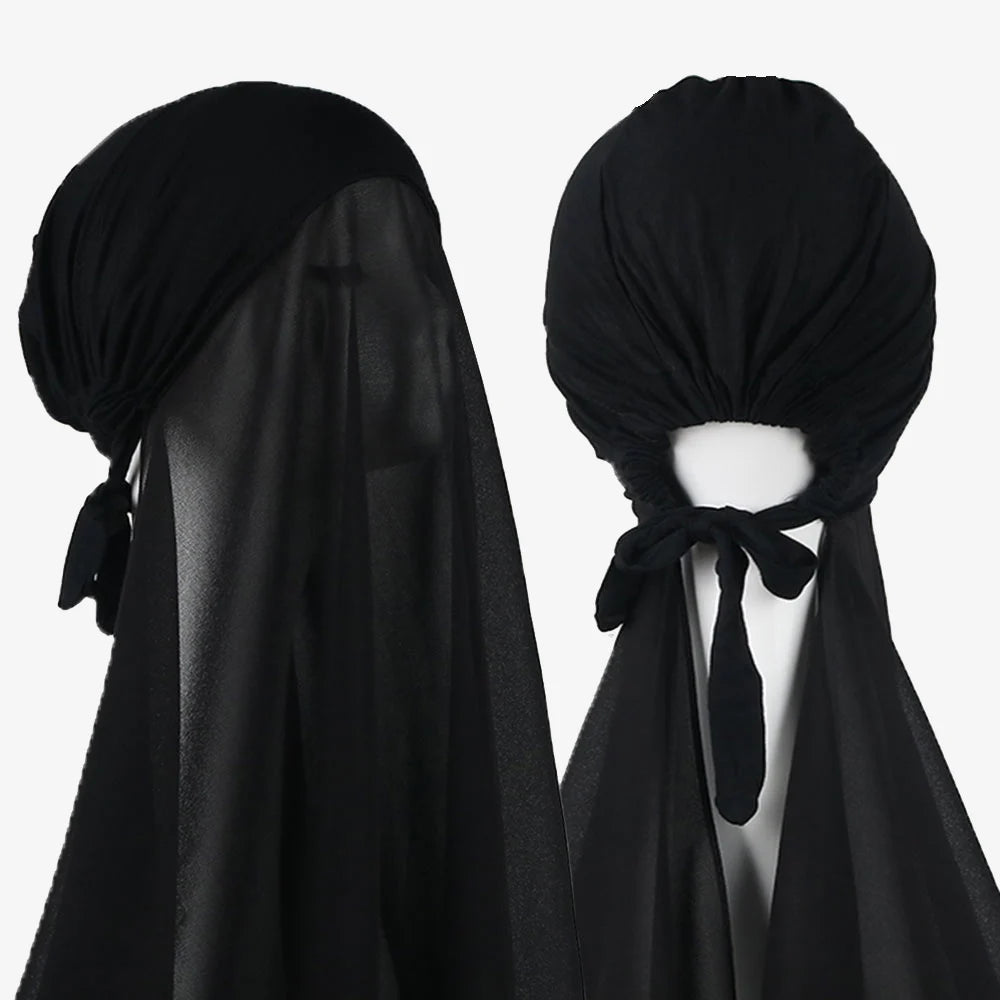 Women's Instant Hijab Bonnet with Chiffon Shawl – 2-in-1 Cap & Scarf