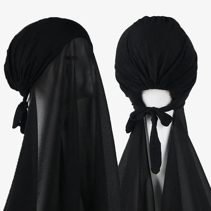 Women's Instant Hijab Bonnet with Chiffon Shawl – 2-in-1 Cap & Scarf