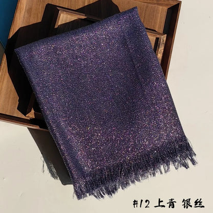 Shiny Fringe Hijab Shawl - 200x80cm Rayon Solid Color Women's Head Wrap