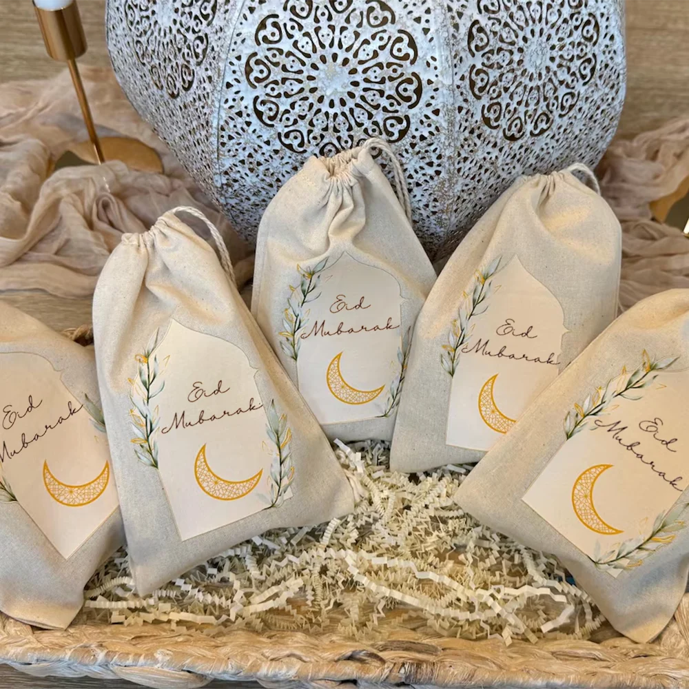 Eid Mubarak Cotton Drawstring Gift Bags – Set of 5