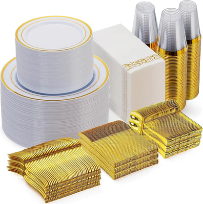 700-Piece Gold Disposable Dinnerware Set – Gold Rim Plates, Cups & Cutlery for 100 Guests | Eid & Ramadan