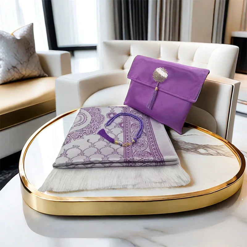 3-Piece Muslim Prayer Mat Set – Prayer Rug, Carry Bag & Tasbih Beads | Ramadan & Hajj Gift