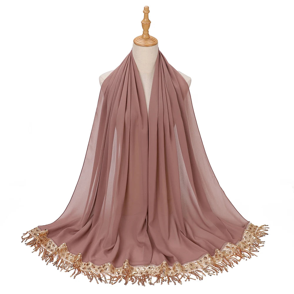 Women's Sequin Tassel Chiffon Hijab – Luxury Long Scarf & Shawl