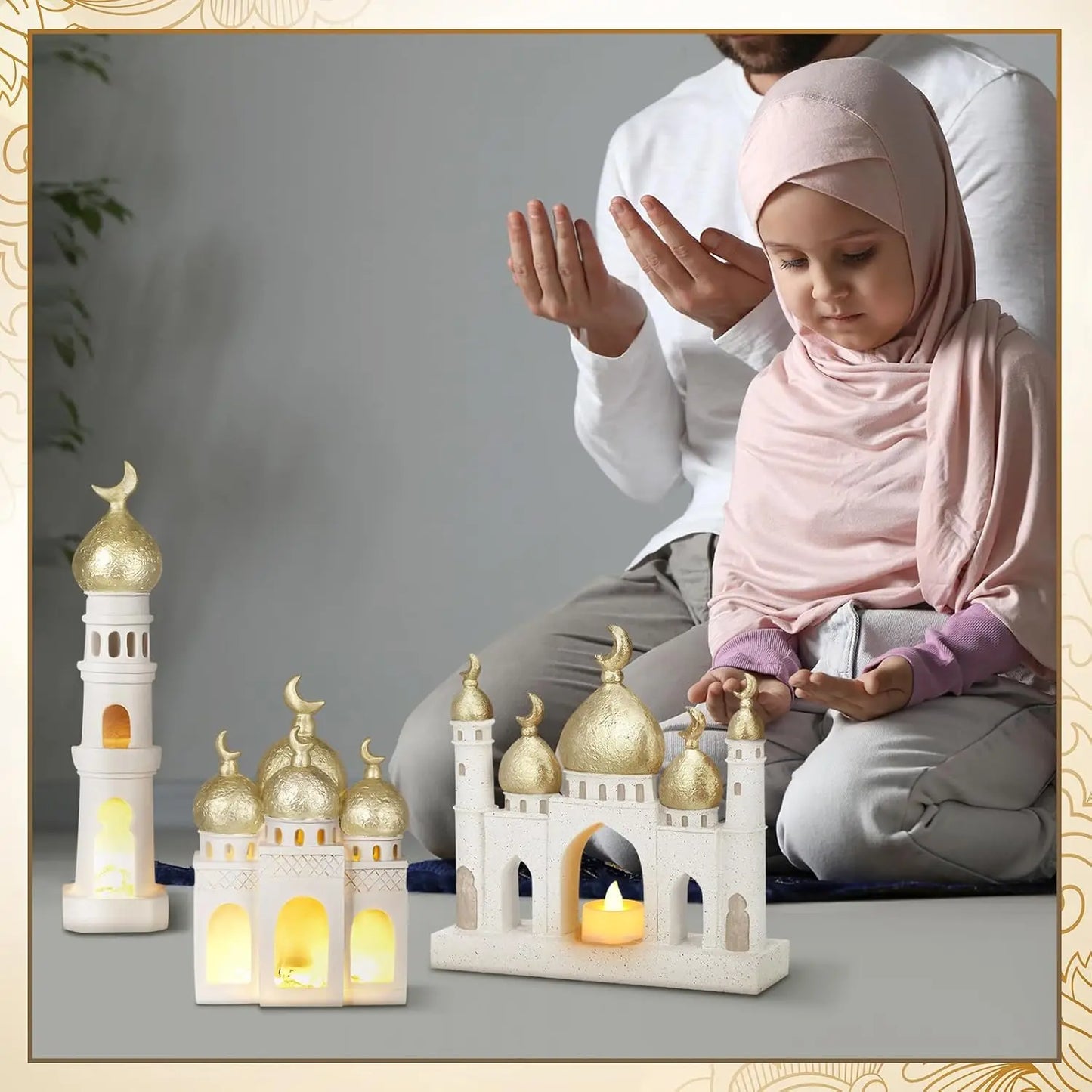 Mosque Tower Sculpture Set – Gold & White Ramadan Eid Decor (3 Pcs)