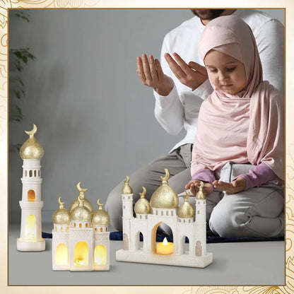 Mosque Tower Sculpture Set – Gold & White Ramadan Eid Decor (3 Pcs)