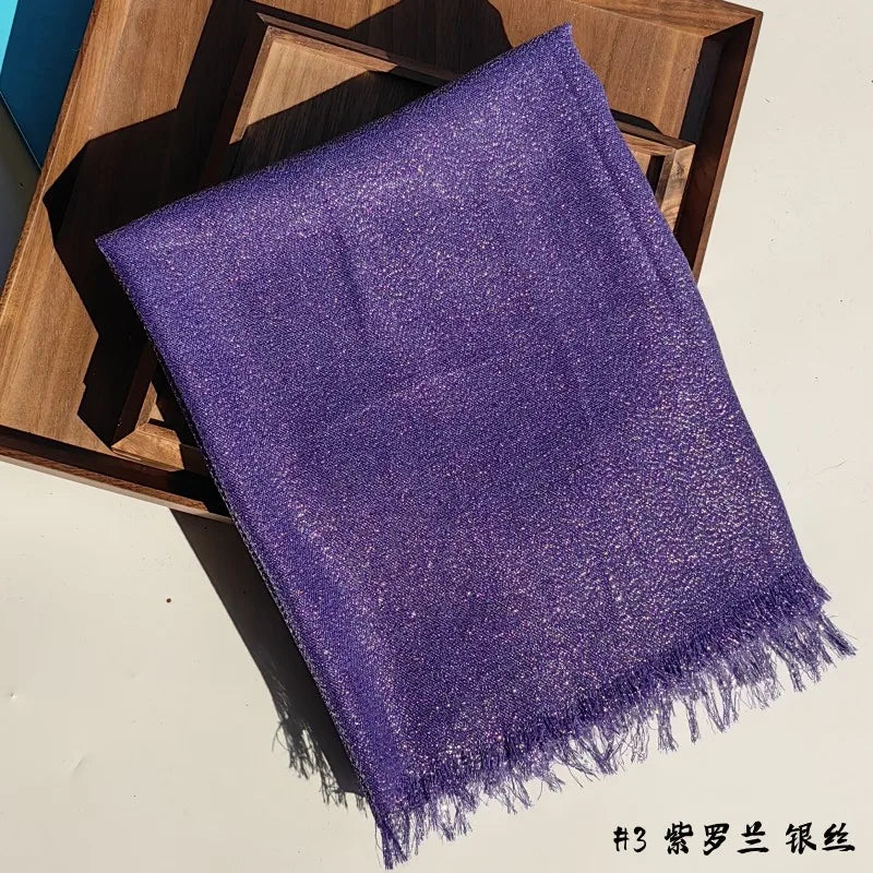 Shiny Fringe Hijab Shawl - 200x80cm Rayon Solid Color Women's Head Wrap