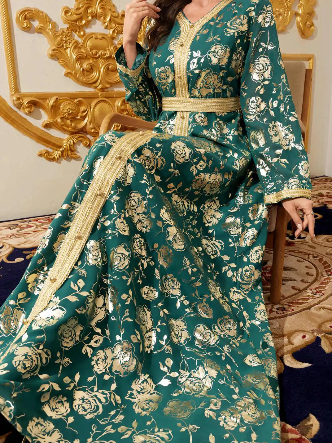 Moroccan Floral Kaftan Abaya - Gold Embroidery Maxi Dress