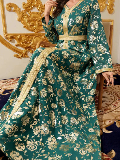Moroccan Floral Kaftan Abaya - Gold Embroidery Maxi Dress
