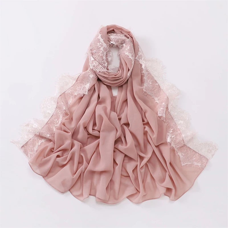 Plain Soft Hijab with Lace Trim – Lightweight Chiffon Muslim Headscarf & Shawl | 170×70cm | 12 Colors