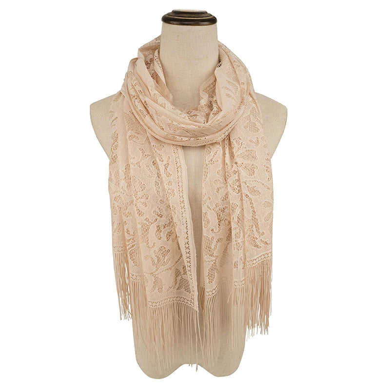 Floral Lace Tassel Scarf – Fringe Shawl & Muslim Hijab for Women | 5 Colors