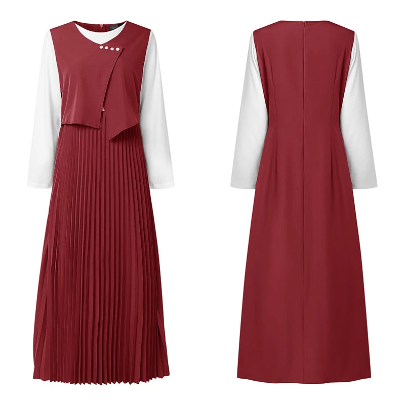 Layered Pleated Muslim Maxi Dress – Color-Blocked Patchwork Abaya Gown | Long Sleeve | S–XXXL | 3 Colors