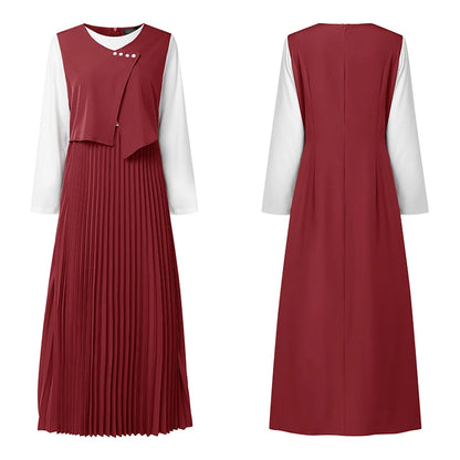 Layered Pleated Muslim Maxi Dress – Color-Blocked Patchwork Abaya Gown | Long Sleeve | S–XXXL | 3 Colors