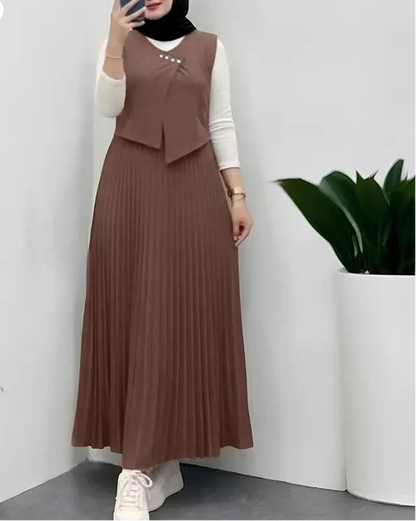 Layered Pleated Muslim Maxi Dress – Color-Blocked Patchwork Abaya Gown | Long Sleeve | S–XXXL | 3 Colors