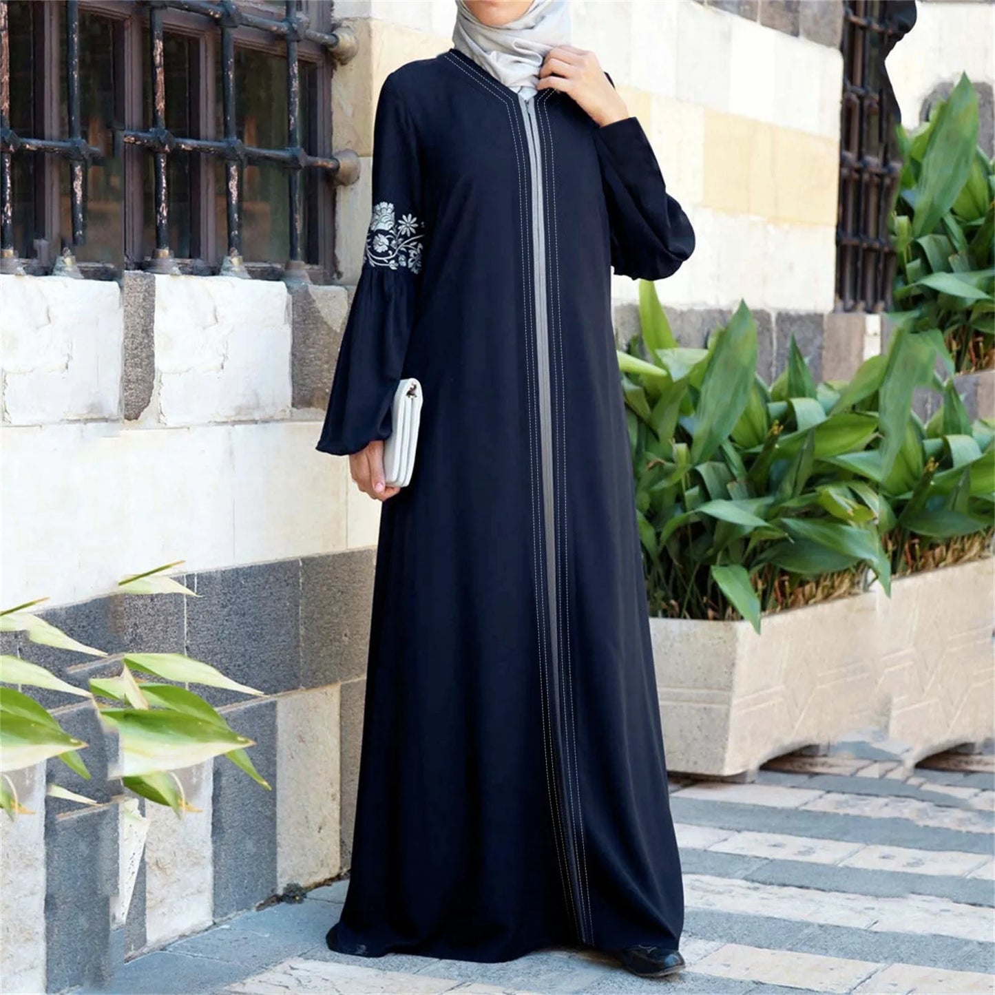 Floral Print Zipper Abaya - Long Sleeve Maxi Dress