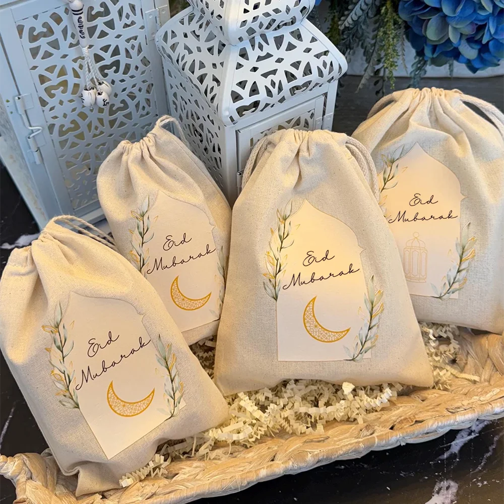Eid Mubarak Cotton Drawstring Gift Bags – Set of 5