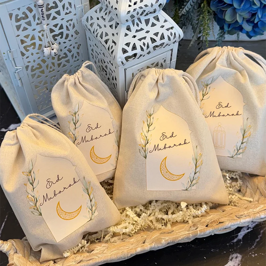 Eid Mubarak Cotton Drawstring Gift Bags – Set of 5