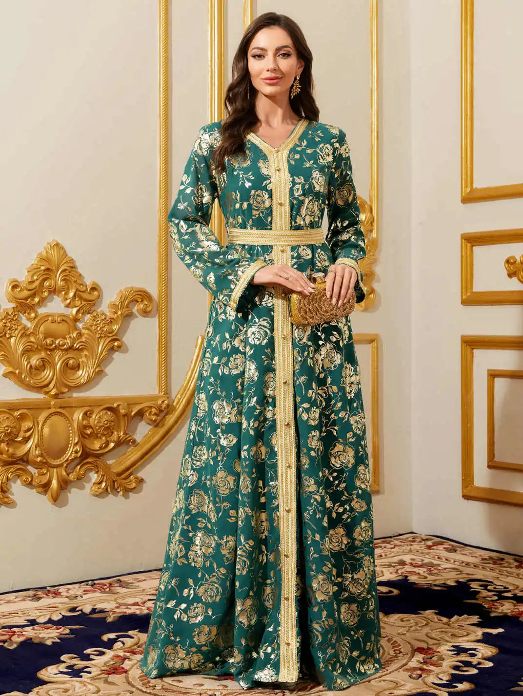 Moroccan Floral Kaftan Abaya - Gold Embroidery Maxi Dress
