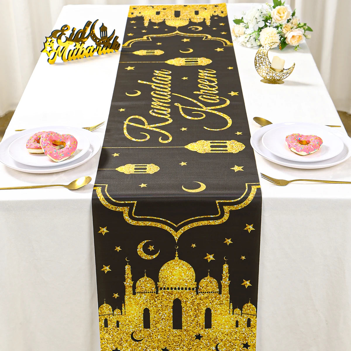 Ramadan Table Runner - Eid Mubarak Cloth Decoration 180x35cm
