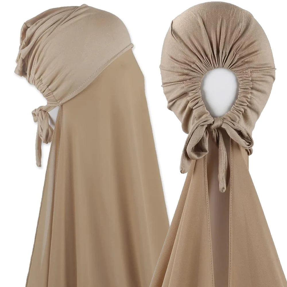 Women's Instant Hijab Bonnet with Chiffon Shawl – 2-in-1 Cap & Scarf