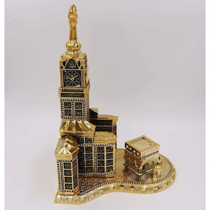 Kaaba & Clock Tower Replica Sculpture – 99 Names of Allah Gold Islamic Decor with Working Clock