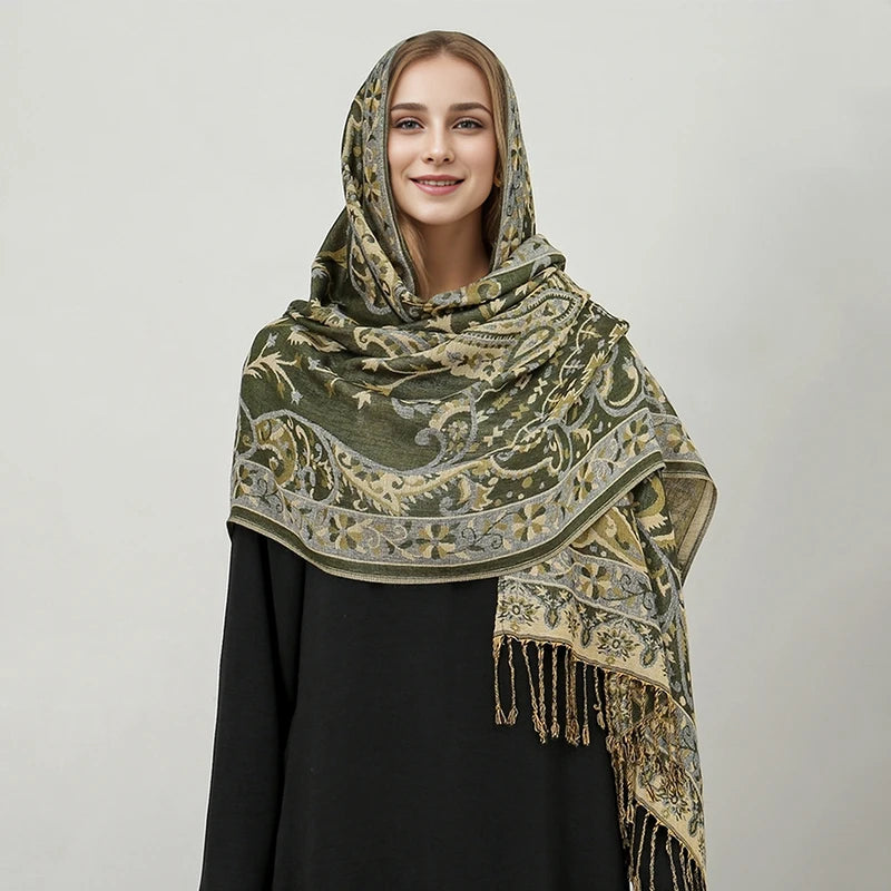 Women's Embroidered Pashmina Hijab Scarf – Soft Cashmere-Feel Shawl