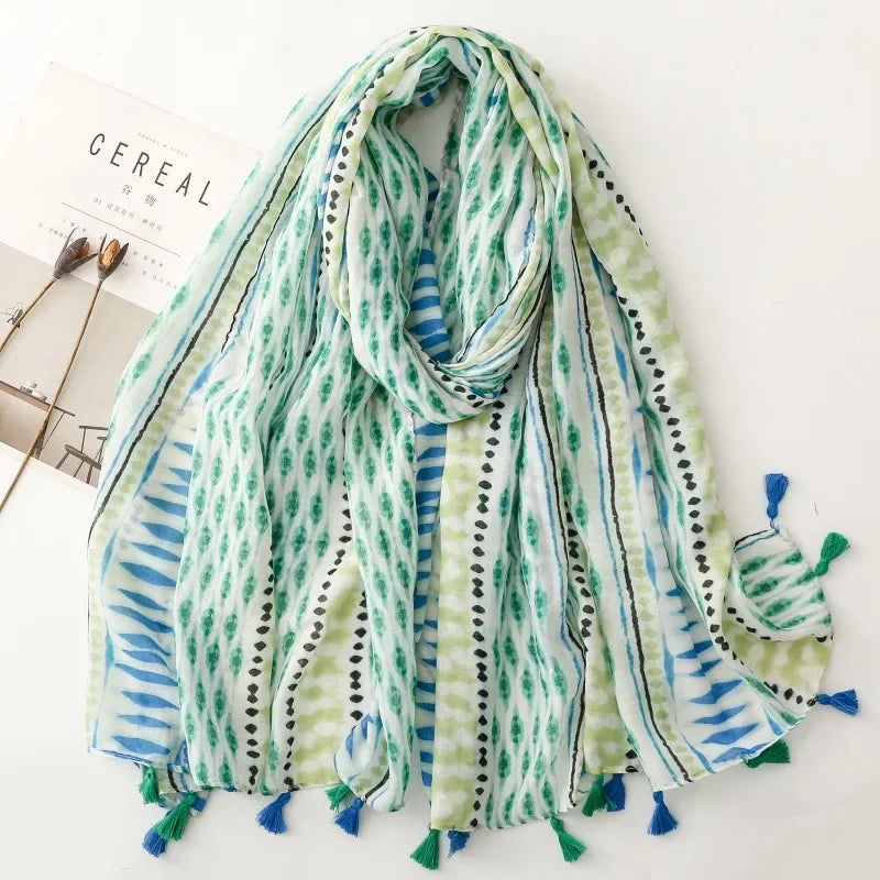 Printed Tassel Hijab Scarf & Shawl for Women | 88×180cm Bohemian Wrap | 60 Designs