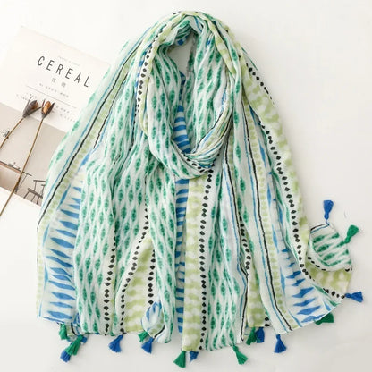 Printed Tassel Hijab Scarf & Shawl for Women | 88×180cm Bohemian Wrap | 60 Designs