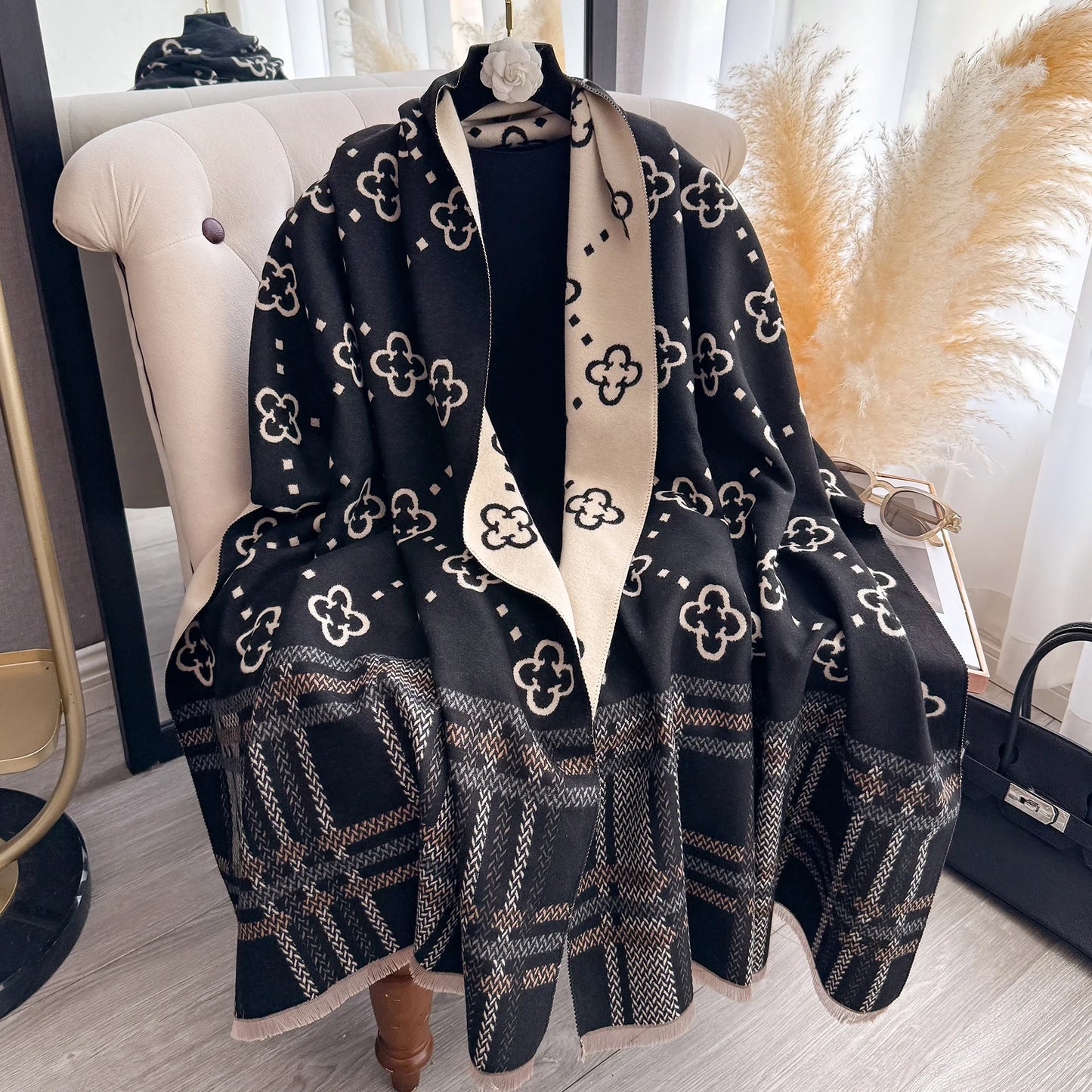 Plaid Blanket Scarf & Shawl – Thick Winter Wrap & Hijab for Women | Black & Pink