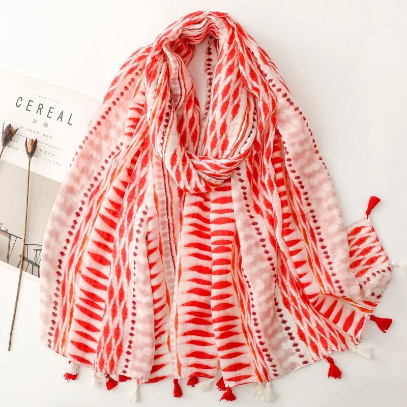 Printed Tassel Hijab Scarf & Shawl for Women | 88×180cm Bohemian Wrap | 60 Designs