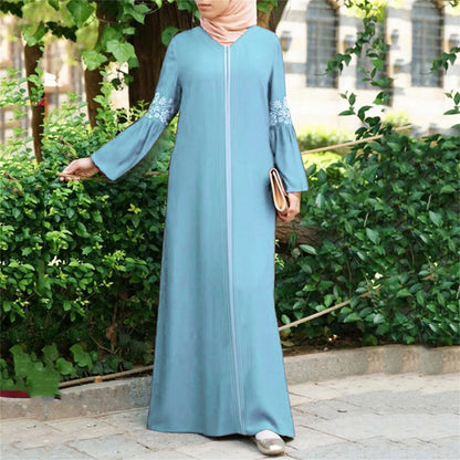Floral Print Zipper Abaya - Long Sleeve Maxi Dress