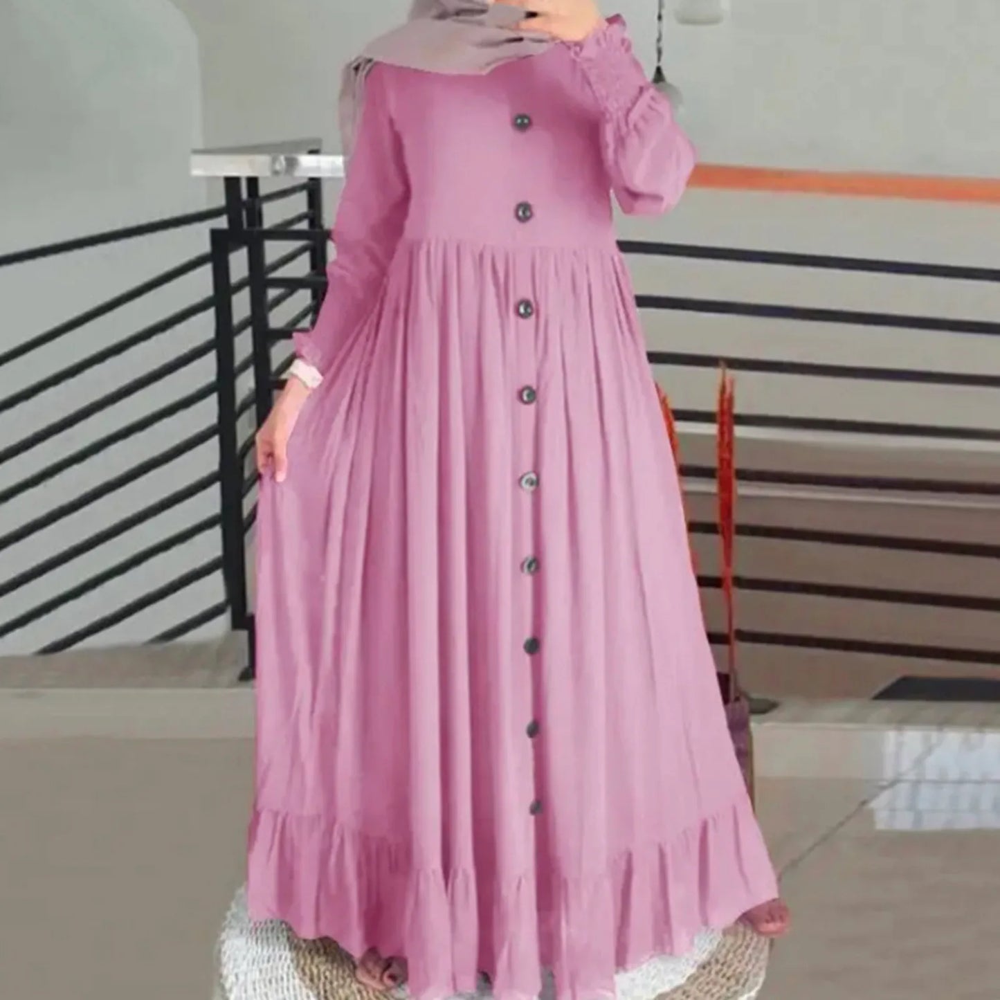 Women's Cotton-Linen Abaya – Ruffle Hem Maxi Dress, Oversized S–XXL