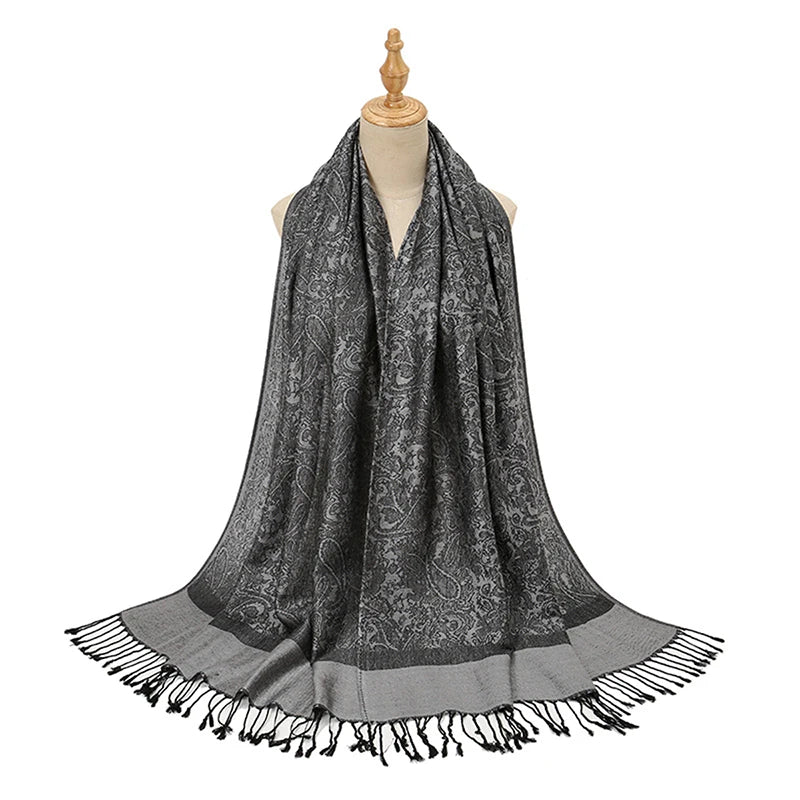 Women's Jacquard Tassel Hijab Scarf – Floral Pashmina Shawl